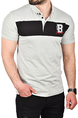 DeepSEA Erkek Gri Slim Fit Nefes Alan Pamuklu Kumaş Dar Kesim Kıvrılmaz Yaka Polo Yaka Tişört 2503019