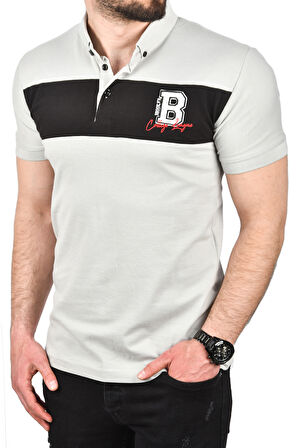 DeepSEA Erkek Gri Slim Fit Nefes Alan Pamuklu Kumaş Dar Kesim Kıvrılmaz Yaka Polo Yaka Tişört 2503019