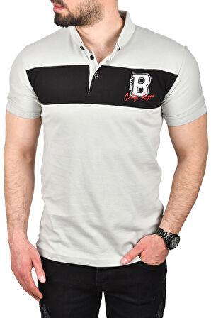 DeepSEA Erkek Gri Slim Fit Nefes Alan Pamuklu Kumaş Dar Kesim Kıvrılmaz Yaka Polo Yaka Tişört 2503019