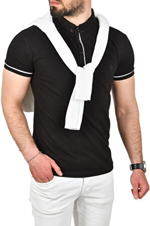 DeepSEA Erkek Siyah Slim Fit Dar Kesim Pamuklu Pike Kumaş Polo Yaka Tişört Nefes Alan Kıvrılmaz Polo Yaka Tişört 2503020