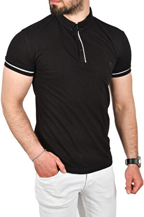 DeepSEA Erkek Siyah Slim Fit Dar Kesim Pamuklu Pike Kumaş Polo Yaka Tişört Nefes Alan Kıvrılmaz Polo Yaka Tişört 2503020
