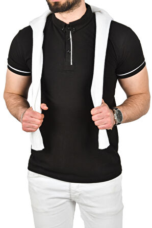 DeepSEA Erkek Siyah Slim Fit Dar Kesim Pamuklu Pike Kumaş Polo Yaka Tişört Nefes Alan Kıvrılmaz Polo Yaka Tişört 2503020