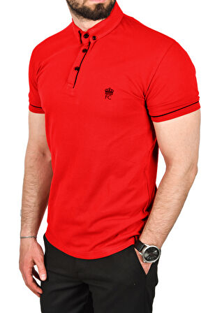 DeepSEA Erkek Kırmızı Slim Fit Dar Kesim Pamuklu Pike Kumaş Polo Yaka Tişört Nefes Alan Kıvrılmaz Polo Yaka Tişört 2503020