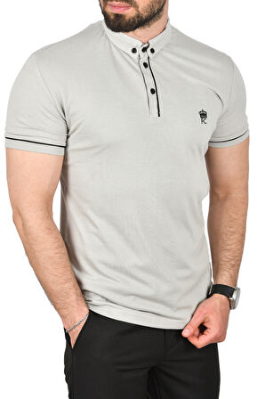 DeepSEA Erkek Gri Slim Fit Dar Kesim Pamuklu Pike Kumaş Polo Yaka Tişört Nefes Alan Kıvrılmaz Polo Yaka Tişört 2503020