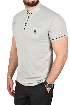 DeepSEA Erkek Gri Slim Fit Dar Kesim Pamuklu Pike Kumaş Polo Yaka Tişört Nefes Alan Kıvrılmaz Polo Yaka Tişört 2503020