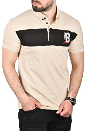 DeepSEA Erkek Bej Slim Fit Nefes Alan Pamuklu Kumaş Dar Kesim Kıvrılmaz Yaka Polo Yaka Tişört 2503019