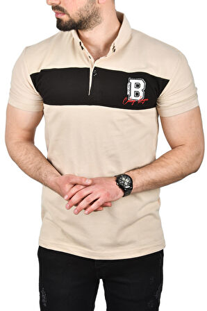 DeepSEA Erkek Bej Slim Fit Nefes Alan Pamuklu Kumaş Dar Kesim Kıvrılmaz Yaka Polo Yaka Tişört 2503019