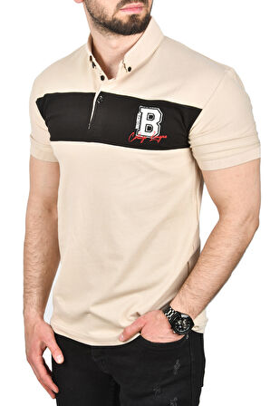 DeepSEA Erkek Bej Slim Fit Nefes Alan Pamuklu Kumaş Dar Kesim Kıvrılmaz Yaka Polo Yaka Tişört 2503019