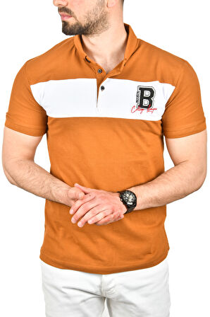 DeepSEA Erkek Taba Slim Fit Nefes Alan Pamuklu Kumaş Dar Kesim Kıvrılmaz Yaka Polo Yaka Tişört 2503019