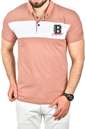 DeepSEA Erkek Pudra Slim Fit Nefes Alan Pamuklu Kumaş Dar Kesim Kıvrılmaz Yaka Polo Yaka Tişört 2503019