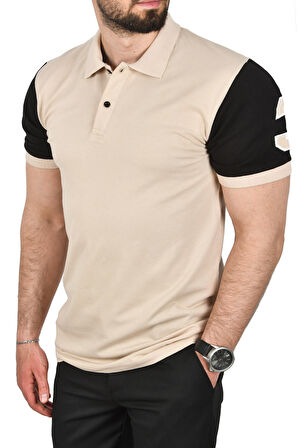DeepSEA Erkek Bej Dar Kesim Pamuklu Polo Yaka Tişört Slim Fit Nefes Alan Kıvrılmaz Polo Yaka Tişört 2503022