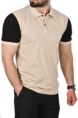 DeepSEA Erkek Bej Dar Kesim Pamuklu Polo Yaka Tişört Slim Fit Nefes Alan Kıvrılmaz Polo Yaka Tişört 2503022