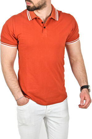 DeepSEA Erkek Kiremit Slim Fit Pamuklu Kumaş Polo Yaka Tişört Nefes Alan Dar Kesim Kıvrılmaz Yaka Tişört 2503021