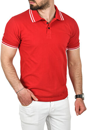 DeepSEA Erkek Kırmızı Slim Fit Pamuklu Kumaş Polo Yaka Tişört Nefes Alan Dar Kesim Kıvrılmaz Yaka Tişört 2503021