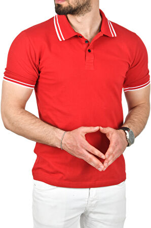 DeepSEA Erkek Kırmızı Slim Fit Pamuklu Kumaş Polo Yaka Tişört Nefes Alan Dar Kesim Kıvrılmaz Yaka Tişört 2503021