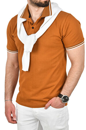 DeepSEA Erkek Taba Slim Fit Pamuklu Kumaş Polo Yaka Tişört Nefes Alan Dar Kesim Kıvrılmaz Yaka Tişört 2503021