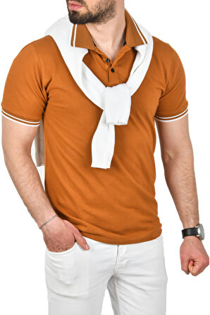 DeepSEA Erkek Taba Slim Fit Pamuklu Kumaş Polo Yaka Tişört Nefes Alan Dar Kesim Kıvrılmaz Yaka Tişört 2503021