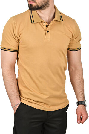 DeepSEA Erkek Camel Slim Fit Pamuklu Kumaş Polo Yaka Tişört Nefes Alan Dar Kesim Kıvrılmaz Yaka Tişört 2503021