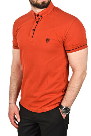 DeepSEA Erkek Kiremit Slim Fit Dar Kesim Pamuklu Pike Kumaş Polo Yaka Tişört Nefes Alan Kıvrılmaz Polo Yaka Tişört 2503020