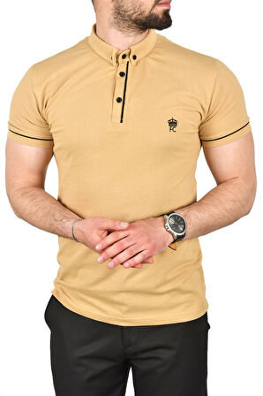 DeepSEA Erkek Camel Slim Fit Dar Kesim Pamuklu Pike Kumaş Polo Yaka Tişört Nefes Alan Kıvrılmaz Polo Yaka Tişört 2503020