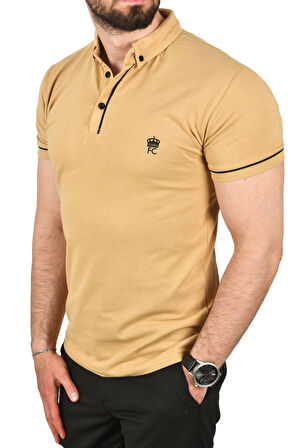 DeepSEA Erkek Camel Slim Fit Dar Kesim Pamuklu Pike Kumaş Polo Yaka Tişört Nefes Alan Kıvrılmaz Polo Yaka Tişört 2503020