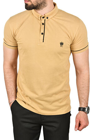 DeepSEA Erkek Camel Slim Fit Dar Kesim Pamuklu Pike Kumaş Polo Yaka Tişört Nefes Alan Kıvrılmaz Polo Yaka Tişört 2503020