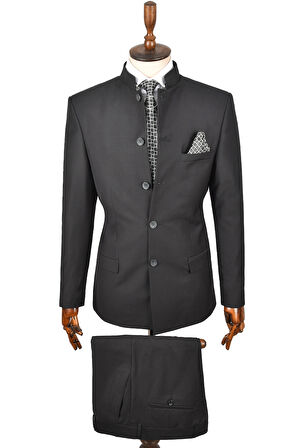 DeepSEA Erkek Siyah Hakim Yaka Tek Yırtmaç Slim Fit 2 Li Takım Elbise 2302013