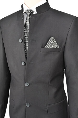 DeepSEA Erkek Siyah Hakim Yaka Tek Yırtmaç Slim Fit 2 Li Takım Elbise 2302013
