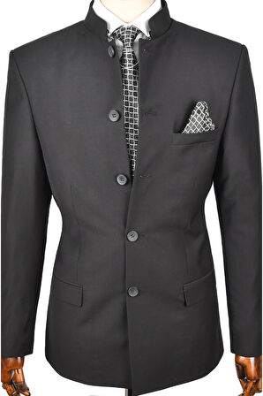 DeepSEA Erkek Siyah Hakim Yaka Tek Yırtmaç Slim Fit 2 Li Takım Elbise 2302013