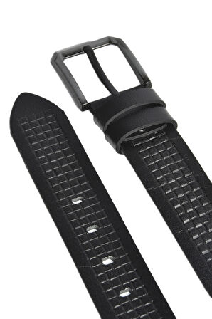 DeepSEA Erkek Siyah Hakiki Manda Derisi Kot Kemeri 4,5 cm Kare Desenli Spor Kot Kemeri 2402632