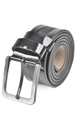 DeepSEA Erkek Siyah 4 cm Lazer İşlemeli Rugan Parlak Suni Deri Kemer 2402638