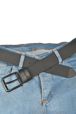 DeepSEA Erkek Siyah 4,5 cm Kare Desenli Suni Deri Siyah Tokalı Kemer 2402645