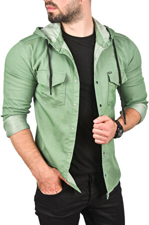 DeepSEA Erkek Yeşil Kapüşonlu Slim Fit Dar Kesim Gömlek Likralı Pamuklu Likralı Kot Gömlek 2300396