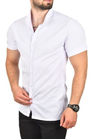 DeepSEA Erkek Beyaz Slim Fit Likralı Spor Gömlek Dar Kesim Jakar Kumaş Kısa Kol Gömlek 2500804