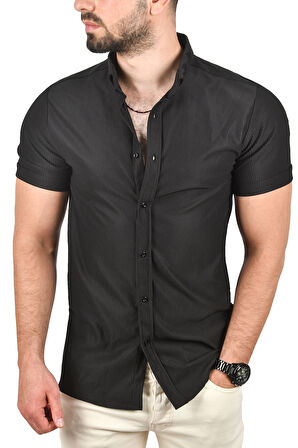 DeepSEA Erkek Siyah Slim Fit Likralı Spor Gömlek Dar Kesim Jakar Kumaş Kısa Kol Gömlek 2500804