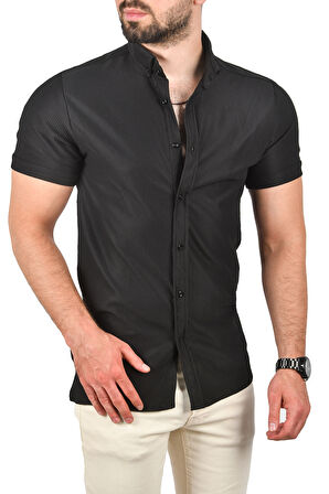 DeepSEA Erkek Siyah Slim Fit Likralı Spor Gömlek Dar Kesim Jakar Kumaş Kısa Kol Gömlek 2500804