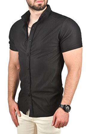 DeepSEA Erkek Siyah Slim Fit Likralı Spor Gömlek Dar Kesim Jakar Kumaş Kısa Kol Gömlek 2500804