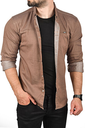 DeepSEA Erkek Kahve Dar Kesim Çıt Çıt Düğmeli Pamuklu Kot Gömlek Likralı Spor Gömlek 2300412