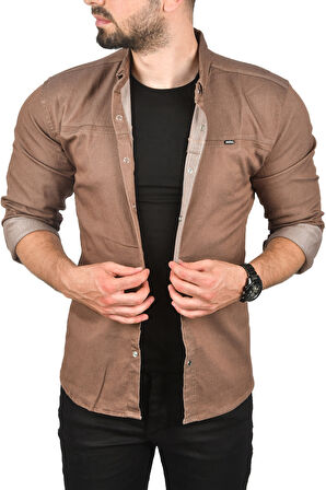 DeepSEA Erkek Kahve Dar Kesim Çıt Çıt Düğmeli Pamuklu Kot Gömlek Likralı Spor Gömlek 2300412