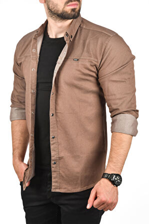 DeepSEA Erkek Kahve Dar Kesim Çıt Çıt Düğmeli Pamuklu Kot Gömlek Likralı Spor Gömlek 2300412