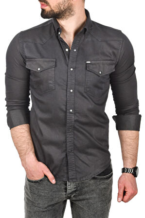 DeepSEA Erkek Füme Slim Fit Pamuklu Cepli Kot Gömlek Çıtçıtlı Uzun Kollu Spor Gömlek 2502503