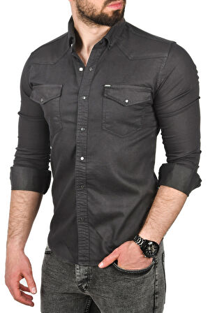 DeepSEA Erkek Füme Slim Fit Pamuklu Cepli Kot Gömlek Çıtçıtlı Uzun Kollu Spor Gömlek 2502503