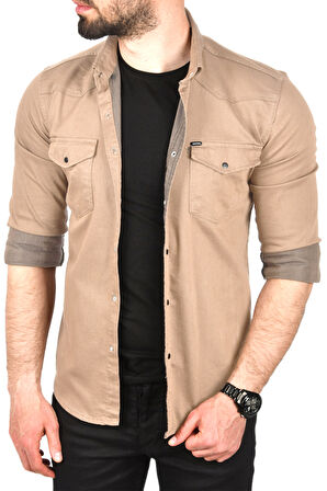 DeepSEA Erkek Bej Slim Fit Pamuklu Cepli Kot Gömlek Çıtçıtlı Uzun Kollu Spor Gömlek 2502503
