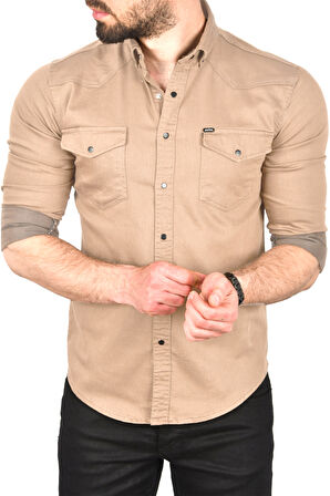 DeepSEA Erkek Bej Slim Fit Pamuklu Cepli Kot Gömlek Çıtçıtlı Uzun Kollu Spor Gömlek 2502503