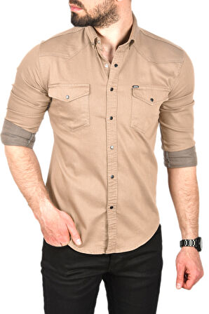 DeepSEA Erkek Bej Slim Fit Pamuklu Cepli Kot Gömlek Çıtçıtlı Uzun Kollu Spor Gömlek 2502503