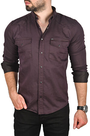 DeepSEA Erkek Mürdüm Slim Fit Pamuklu Cepli Kot Gömlek Çıtçıtlı Uzun Kollu Spor Gömlek 2502503