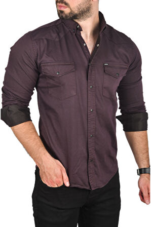 DeepSEA Erkek Mürdüm Slim Fit Pamuklu Cepli Kot Gömlek Çıtçıtlı Uzun Kollu Spor Gömlek 2502503