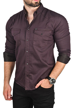 DeepSEA Erkek Mürdüm Slim Fit Pamuklu Cepli Kot Gömlek Çıtçıtlı Uzun Kollu Spor Gömlek 2502503