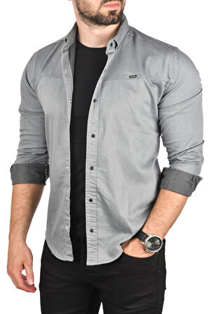 DeepSEA Erkek Gri Slim Fit Pamuklu Kot Gömlek Kolay Ütülenebilir Çıt Çıtlı Likralı Spor Gömlek 2502504