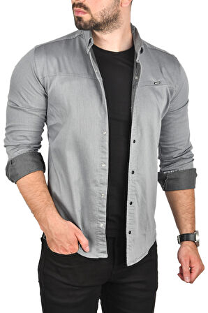 DeepSEA Erkek Gri Slim Fit Pamuklu Kot Gömlek Kolay Ütülenebilir Çıt Çıtlı Likralı Spor Gömlek 2502504
